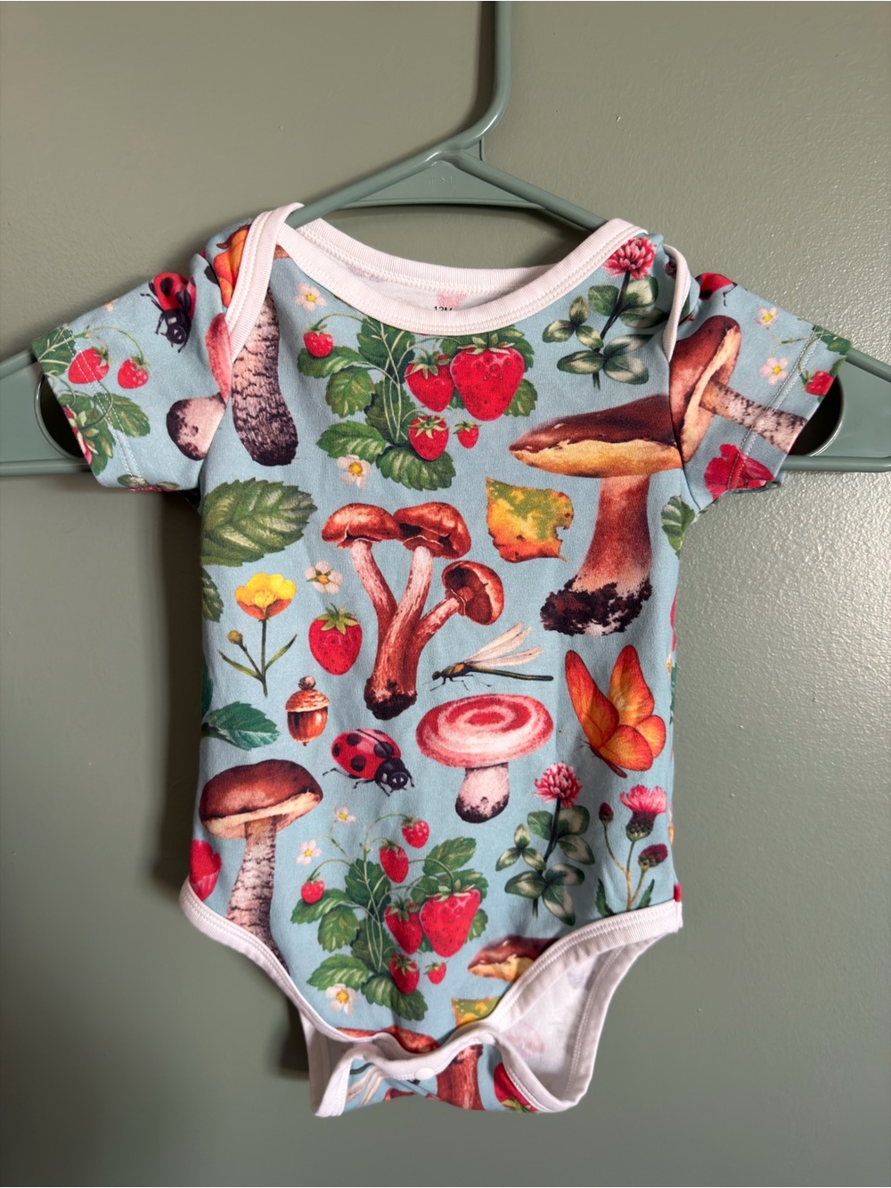 Trendy boutique Blue Mushroom & Strawberry Print Baby Bodysuit
